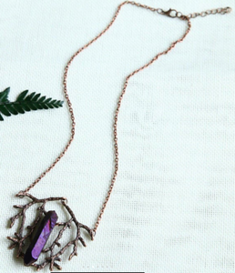 copper branch and aura quartz necklace